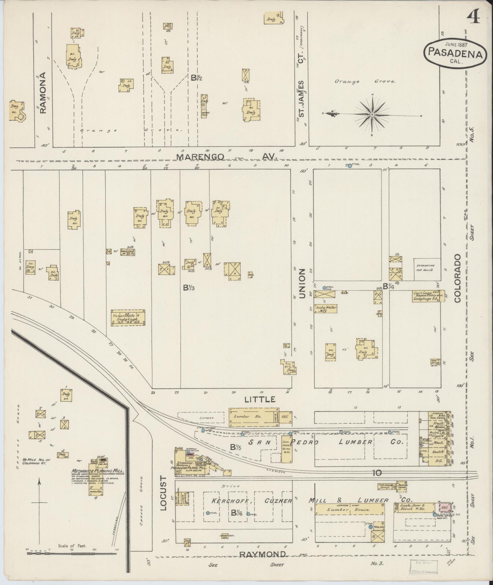 Sanborn Fire Insurance Map from Pasadena, Los Angeles County, California (1887), Sheet #0004 - Complete Map Set gallery image, historic Sanborn map, vintage wall art, California California