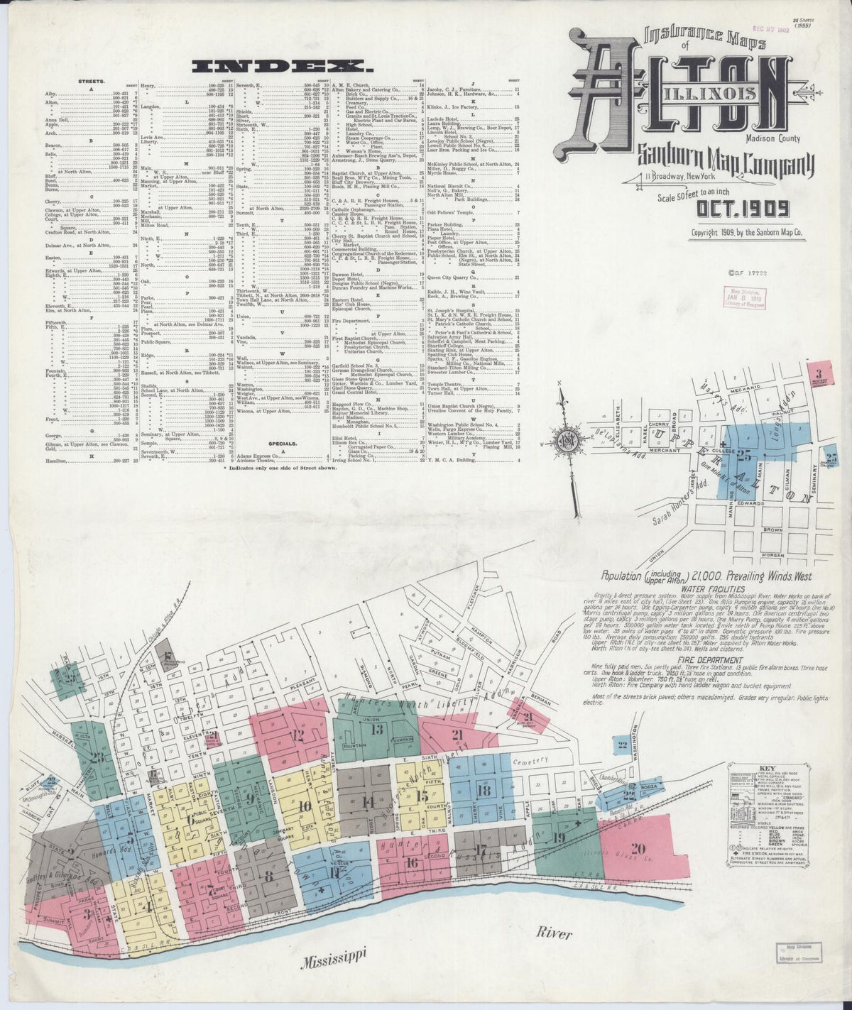 Sanborn Fire Insurance Map from Alton, Madison County, Illinois (1909), Sheet #0001 - Historic Sanborn Fire Insurance Map Print, vintage old map wall art, antique decor, genealogy gift, Illinois Illinois map