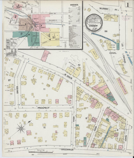 Sanborn Fire Insurance Map from Goshen, Orange County, New York (1889), Sheet #0001 - Complete Map Set gallery image, historic Sanborn map, vintage wall art, New York New York