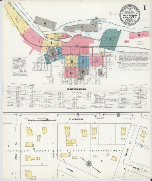 Sanborn Fire Insurance Map from Cloquet, Carlton County, Minnesota (1911), Sheet #0001 - Historic Sanborn Fire Insurance Map Print, vintage old map wall art, antique decor, genealogy gift, Minnesota Minnesota map