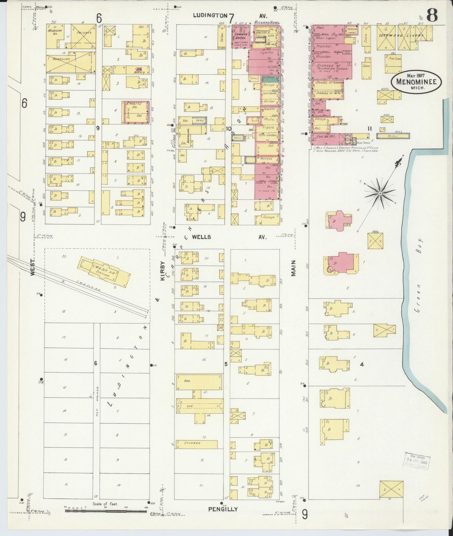 Sanborn Fire Insurance Map from Menominee, Menominee County, Michigan (1907), Sheet #0008 - Complete Map Set gallery image, historic Sanborn map, vintage wall art, Michigan Michigan