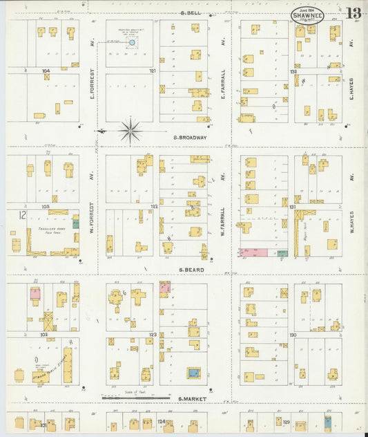 Sanborn Fire Insurance Map from Shawnee, Pottawatomie County, Oklahoma (1904), Sheet #0013 - Historic Sanborn Fire Insurance Map Print, vintage old map wall art, antique decor, genealogy gift, Oklahoma Oklahoma map