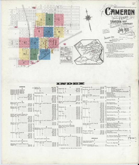 Sanborn Fire Insurance Map from Cameron, Milam County, Texas (1920), Sheet #0001 - Historic Sanborn Fire Insurance Map Print, vintage old map wall art, antique decor, genealogy gift, Texas Texas map