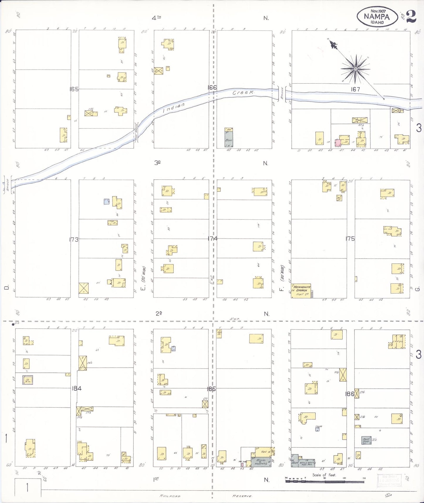 Sanborn Fire Insurance Map from Nampa, Canyon County, Idaho (1907), Sheet #0002 - Complete Map Set gallery image, historic Sanborn map, vintage wall art, Idaho Idaho