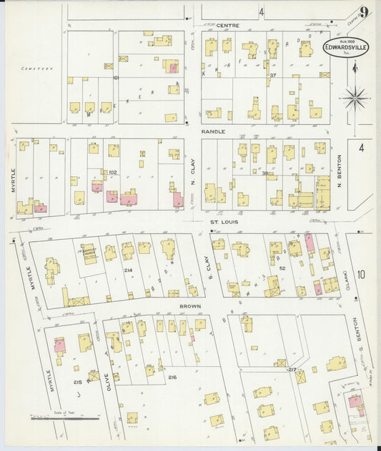 Sanborn Fire Insurance Map from Edwardsville, Madison County, Illinois (1909), Sheet #0009 - Historic Sanborn Fire Insurance Map Print, vintage old map wall art, antique decor, genealogy gift, Illinois Illinois map