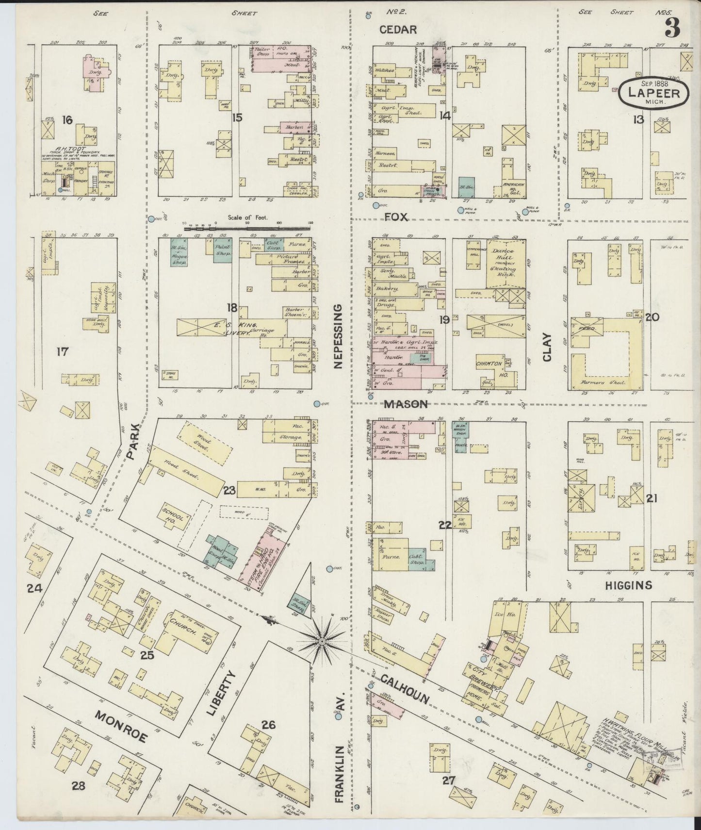 Sanborn Fire Insurance Map from Lapeer, Lapeer County, Michigan (1888), Sheet #0003 - Historic Sanborn Fire Insurance Map Print, vintage old map wall art, antique decor, genealogy gift, Michigan Michigan map