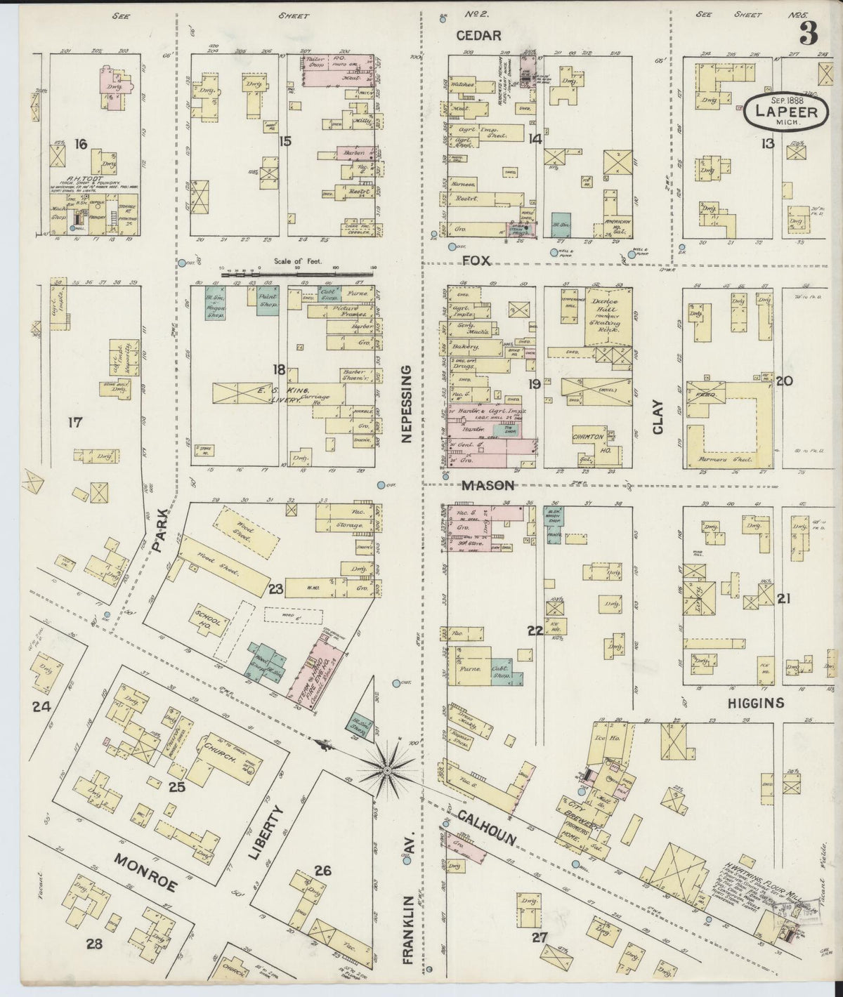 Sanborn Fire Insurance Map from Lapeer, Lapeer County, Michigan (1888), Sheet #0003 - Historic Sanborn Fire Insurance Map Print, vintage old map wall art, antique decor, genealogy gift, Michigan Michigan map
