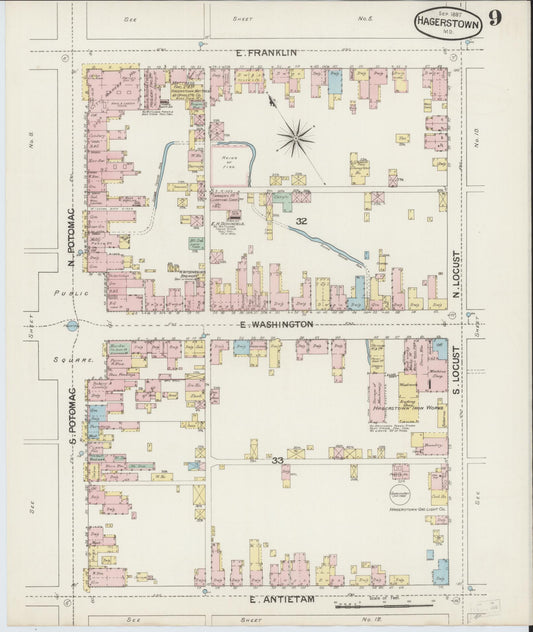 Sanborn Fire Insurance Map from Hagerstown, Washington County, Maryland (1887), Sheet #0009 - Historic Sanborn Fire Insurance Map Print, vintage old map wall art, antique decor, genealogy gift, Maryland Maryland map