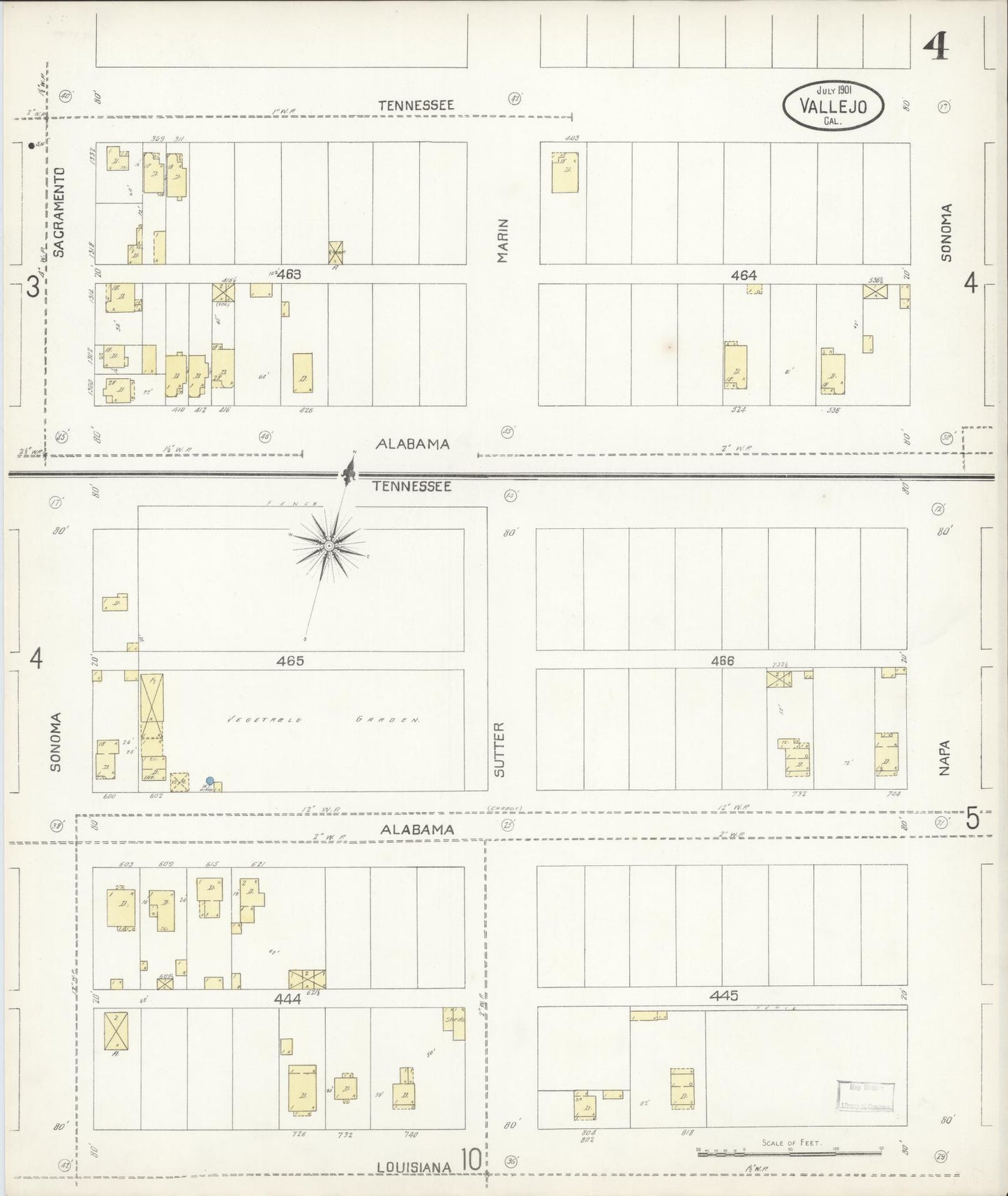 Sanborn Fire Insurance Map from Vallejo, Solano County, California (1901), Sheet #0004 - Complete Map Set gallery image, historic Sanborn map, vintage wall art, California California
