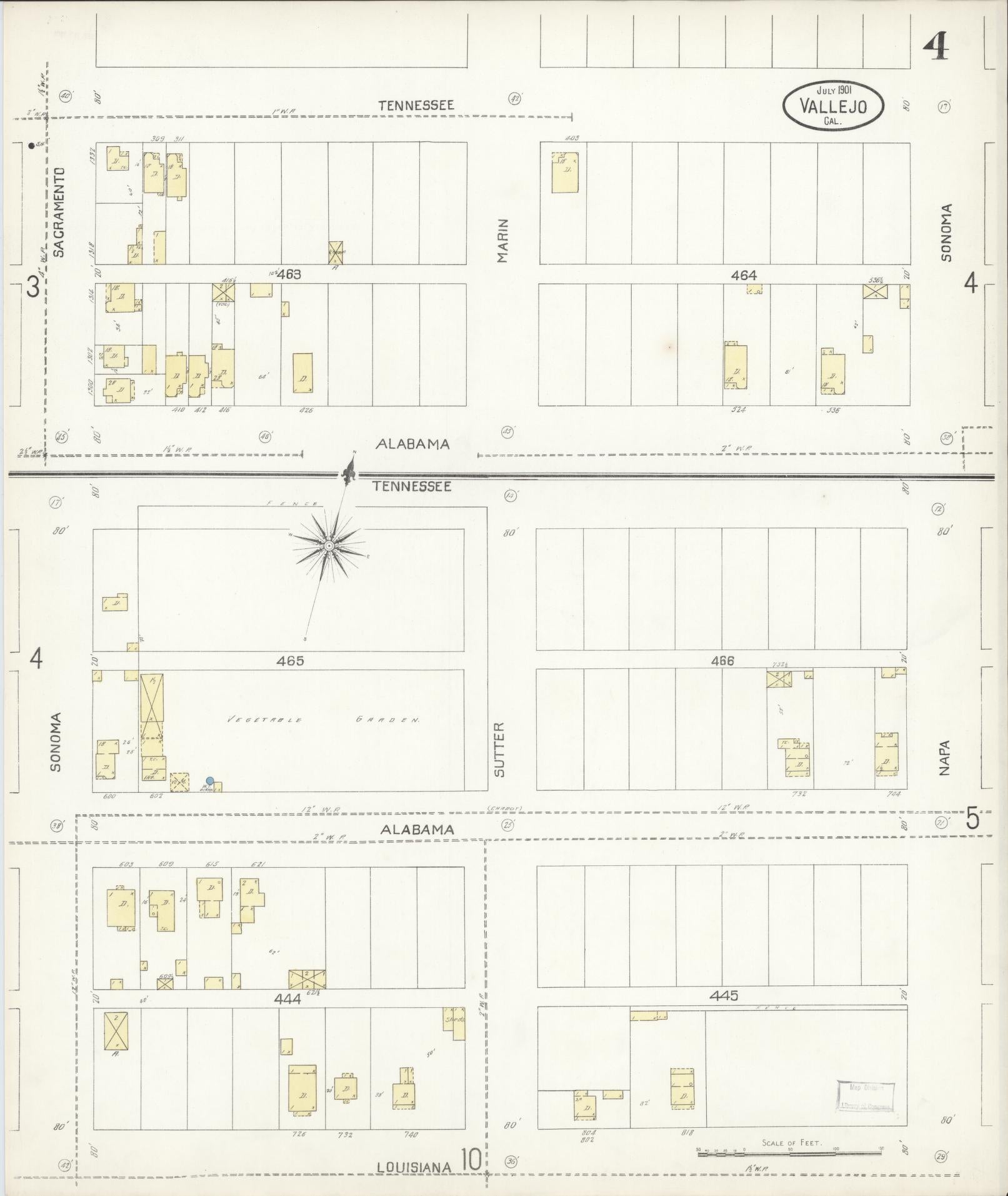 Sanborn Fire Insurance Map from Vallejo, Solano County, California (1901), Sheet #0004 - Complete Map Set gallery image, historic Sanborn map, vintage wall art, California California