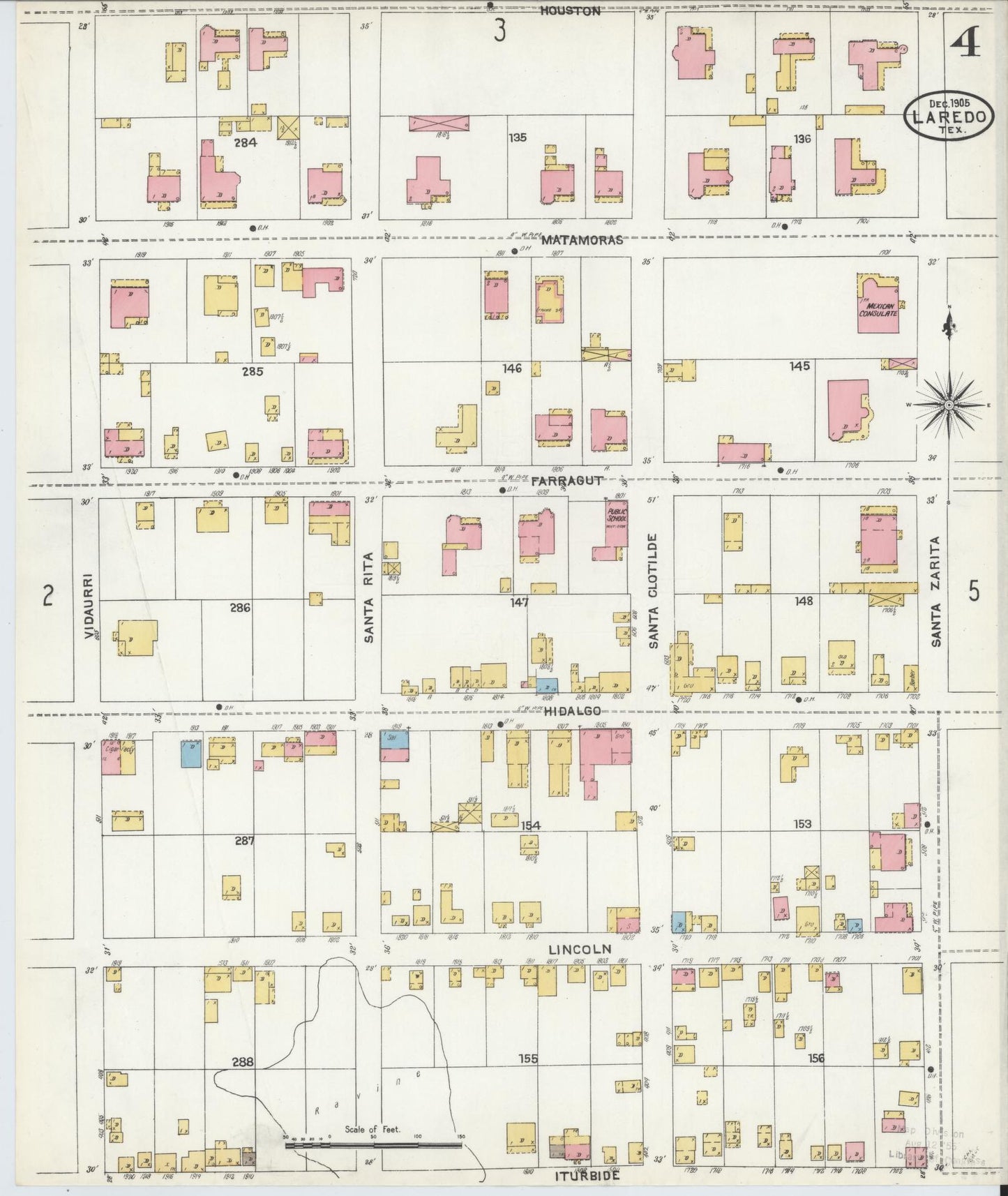 Sanborn Fire Insurance Map from Laredo, Webb County, Texas (1905), Sheet #0004 - Historic Sanborn Fire Insurance Map Print, vintage old map wall art, antique decor, genealogy gift, Texas Texas map