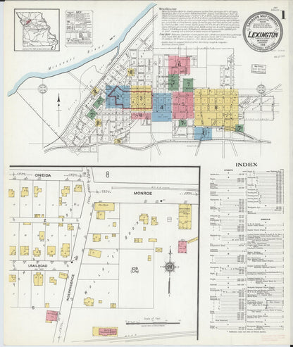Sanborn Fire Insurance Map from Lexington, Lafayette County, Missouri (1918), Sheet #0001 - Historic Sanborn Fire Insurance Map Print, vintage old map wall art, antique decor, genealogy gift, Missouri Missouri map