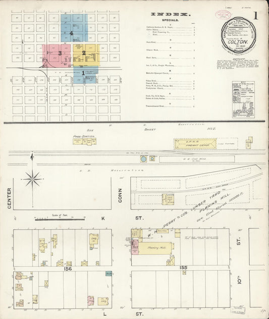 Sanborn Fire Insurance Map from Colton, San Bernardino County, California (1888), Sheet #0001 - Historic Sanborn Fire Insurance Map Print, vintage old map wall art, antique decor, genealogy gift, California California map