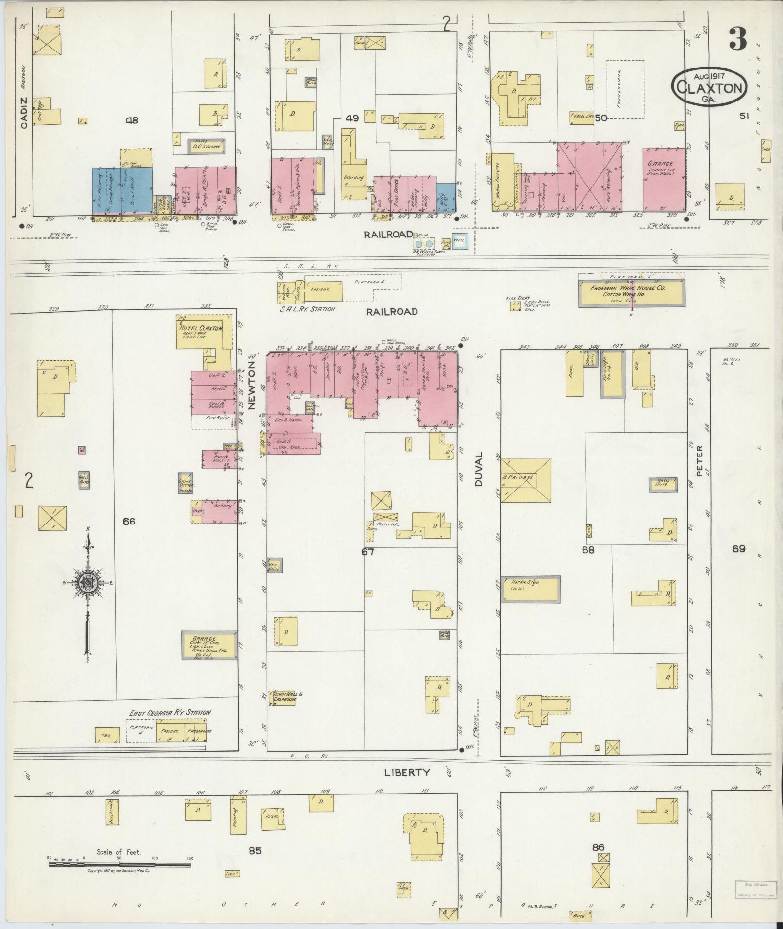 Sanborn Fire Insurance Map from Claxton, Evans County, Georgia (1917), Sheet #0003 - Historic Sanborn Fire Insurance Map Print, vintage old map wall art, antique decor, genealogy gift, Georgia Georgia map