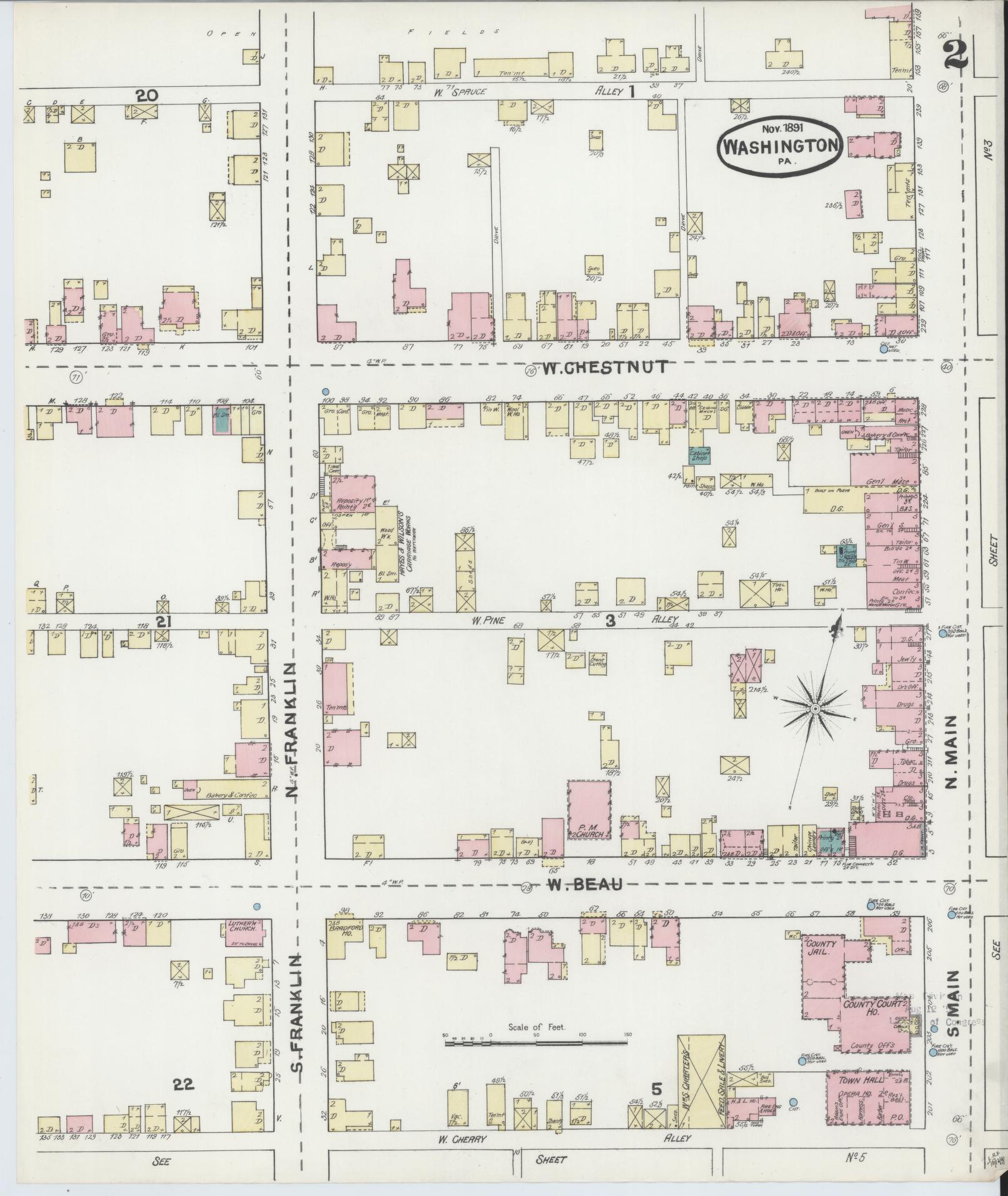 Sanborn Fire Insurance Map from Washington, Washington County, Pennsylvania (1891), Sheet #0002 - Complete Map Set gallery image, historic Sanborn map, vintage wall art, Pennsylvania Pennsylvania