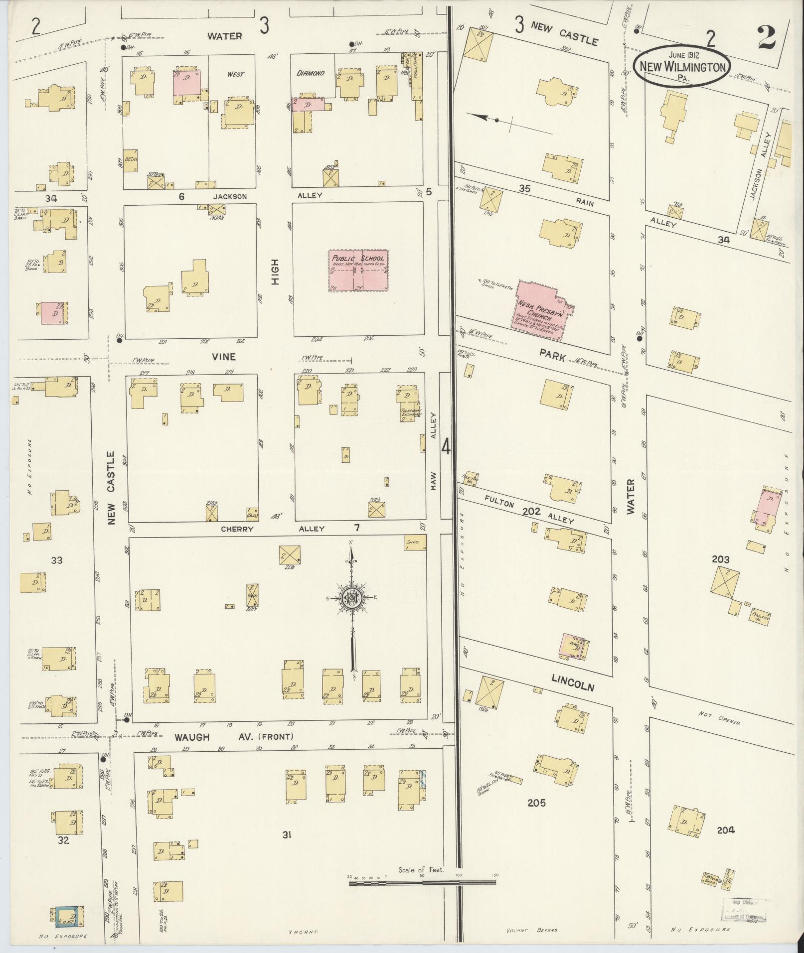 Sanborn Fire Insurance Map from New Wilmington, Lawrence County, Pennsylvania (1912), Sheet #0002 - Historic Sanborn Fire Insurance Map Print, vintage old map wall art, antique decor, genealogy gift, Pennsylvania Pennsylvania map