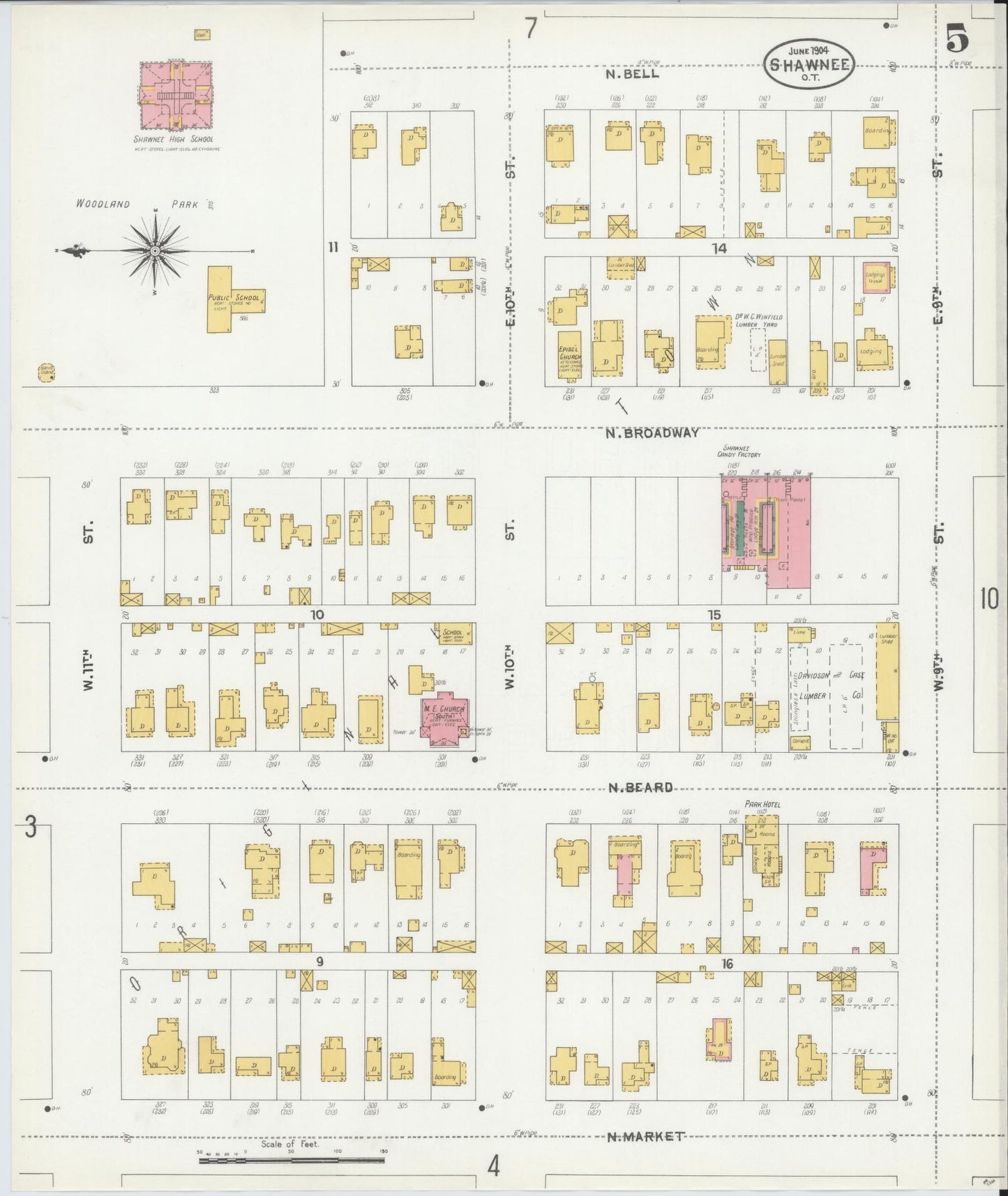Sanborn Fire Insurance Map from Shawnee, Pottawatomie County, Oklahoma (1904), Sheet #0005 - Complete Map Set gallery image, historic Sanborn map, vintage wall art, Oklahoma Oklahoma