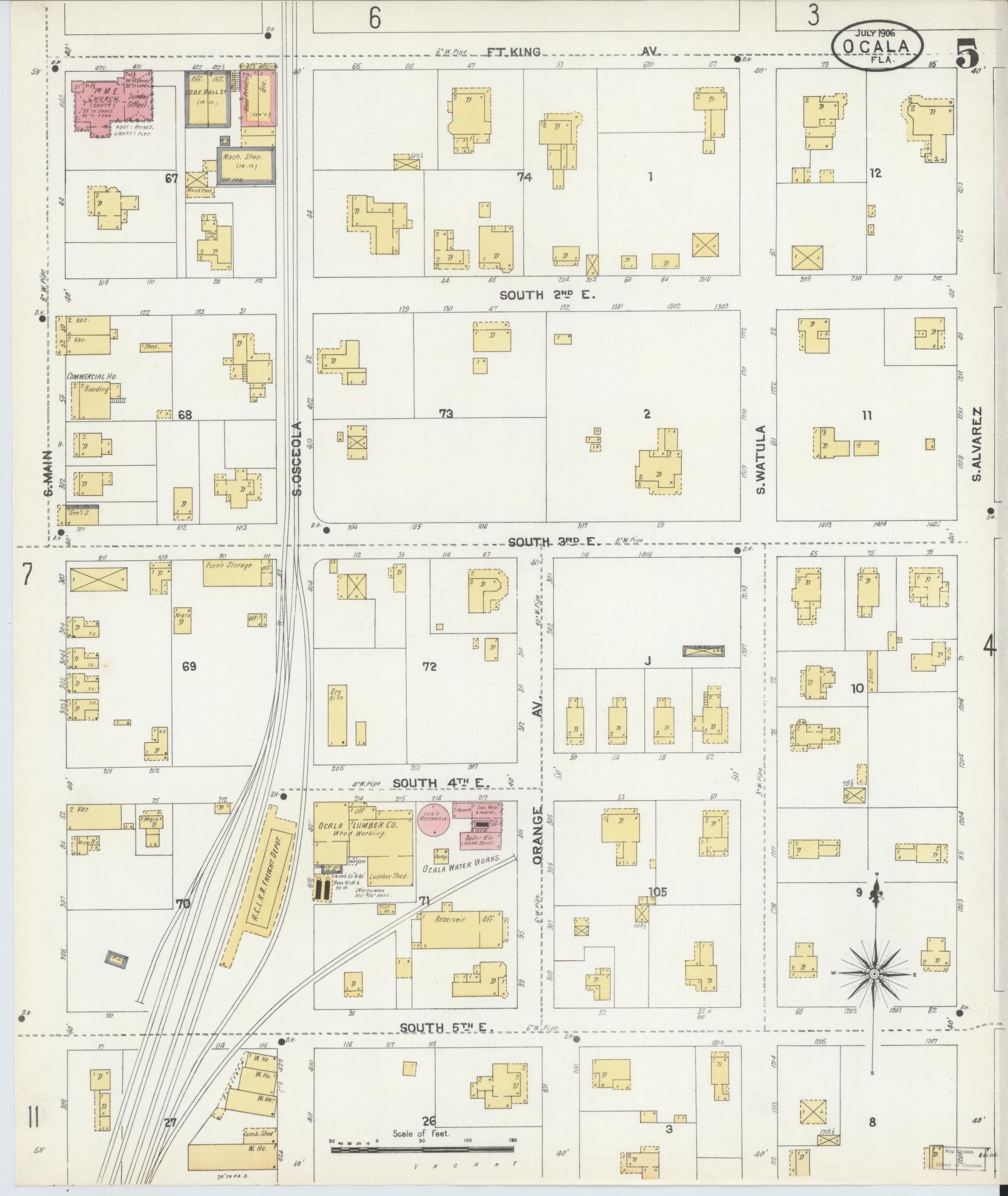 Sanborn Fire Insurance Map from Ocala, Marion County, Florida (1906), Sheet #0005 - Historic Sanborn Fire Insurance Map Print, vintage old map wall art, antique decor, genealogy gift, Florida Florida map