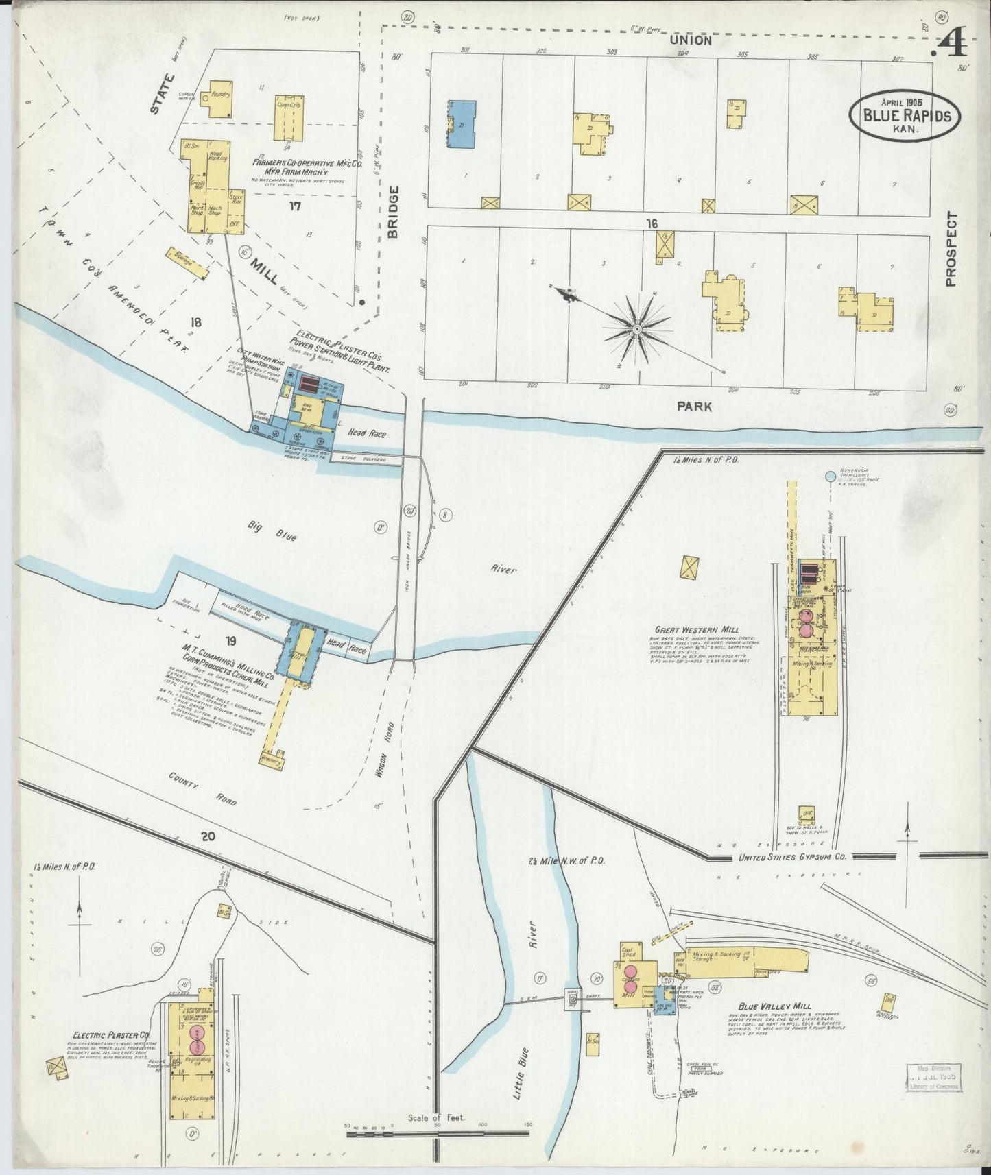 Sanborn Fire Insurance Map from Blue Rapids, Marshall County, Kansas (1905), Sheet #0004 - Historic Sanborn Fire Insurance Map Print, vintage old map wall art, antique decor, genealogy gift, Kansas Kansas map