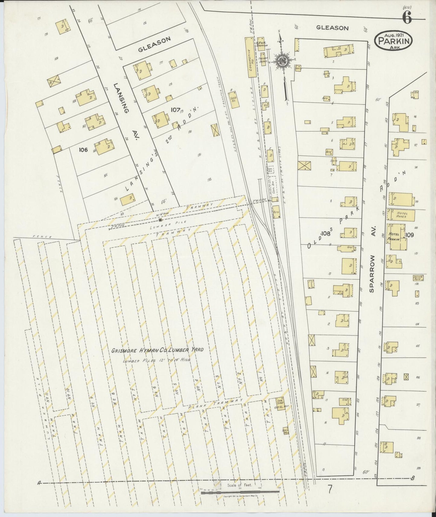 Sanborn Fire Insurance Map from Parkin, Cross County, Arkansas (1921), Sheet #0006 - Complete Map Set gallery image, historic Sanborn map, vintage wall art, Arkansas Arkansas
