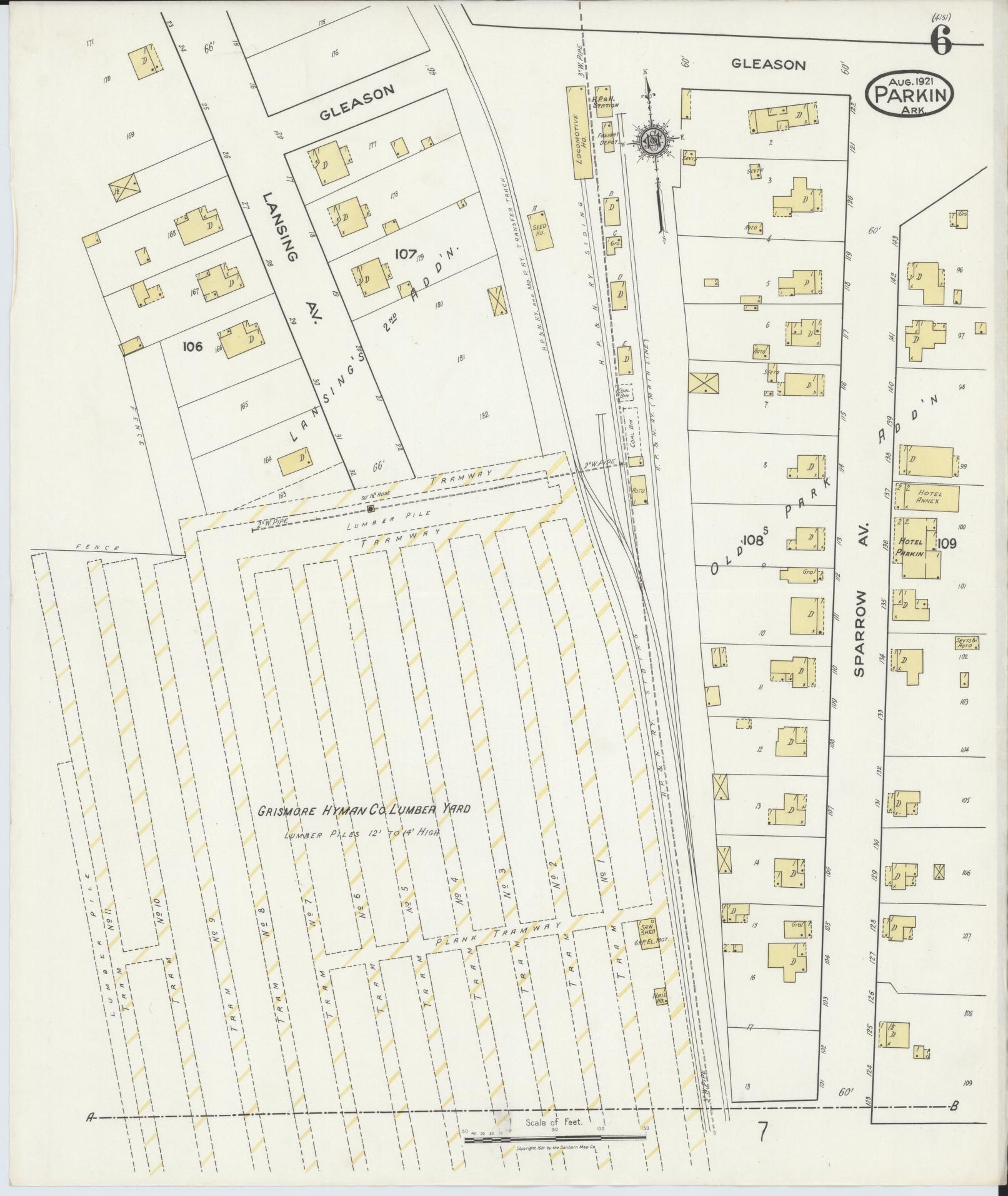 Sanborn Fire Insurance Map from Parkin, Cross County, Arkansas (1921), Sheet #0006 - Complete Map Set gallery image, historic Sanborn map, vintage wall art, Arkansas Arkansas