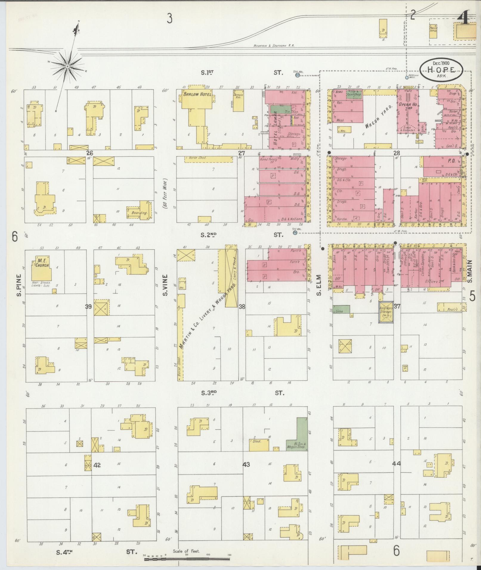 Sanborn Fire Insurance Map from Hope, Hempstead County, Arkansas (1900), Sheet #0004 - Historic Sanborn Fire Insurance Map Print, vintage old map wall art, antique decor, genealogy gift, Arkansas Arkansas map
