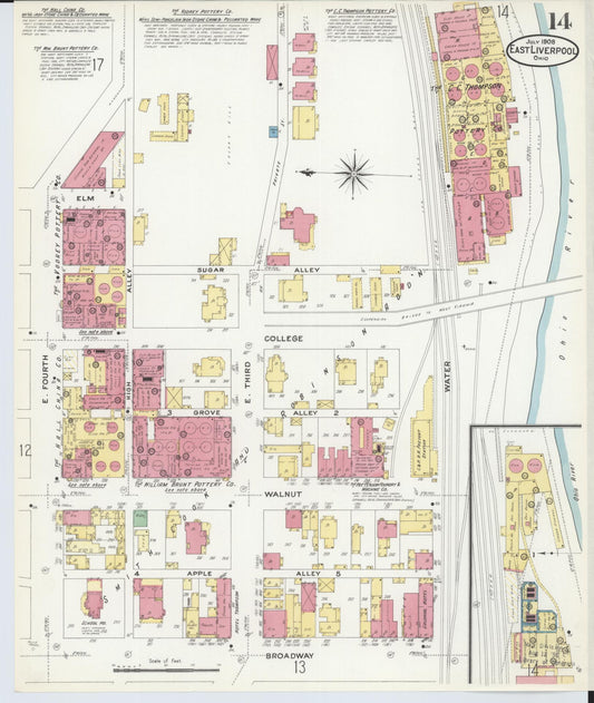 Sanborn Fire Insurance Map from East Liverpool, Columbiana County, Ohio (1908), Sheet #0014 - Historic Sanborn Fire Insurance Map Print, vintage old map wall art, antique decor, genealogy gift, Ohio Ohio map