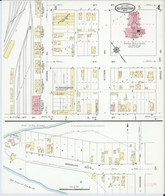 Sanborn Fire Insurance Map from East Grand Forks, Polk County, Minnesota (1914), Sheet #0004 - Historic Sanborn Fire Insurance Map Print, vintage old map wall art, antique decor, genealogy gift, Minnesota Minnesota map