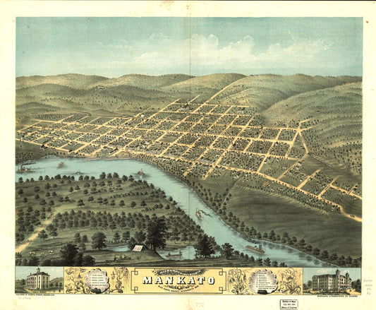 Bird's eye view of the city of Mankato, Blue Earth County, Minnesota 1870. (1870) – Historic Bird’s-Eye View Panorama Print