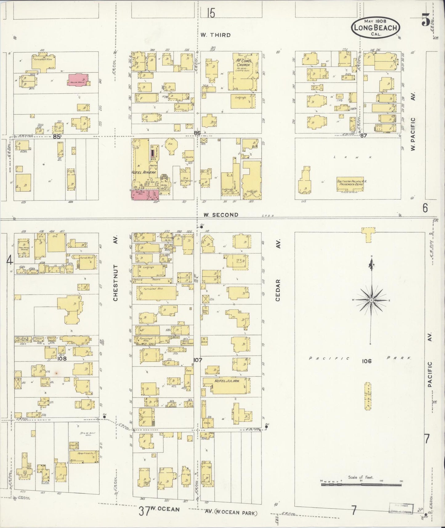 Sanborn Fire Insurance Map from Long Beach, Los Angeles County, California (1908), Sheet #0005 - Historic Sanborn Fire Insurance Map Print, vintage old map wall art, antique decor, genealogy gift, California California map