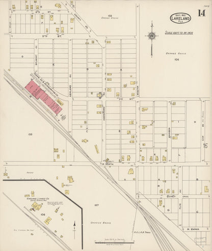 Sanborn Fire Insurance Map from Lakeland, Polk County, Florida (1922), Sheet #0014 - Historic Sanborn Fire Insurance Map Print, vintage old map wall art, antique decor, genealogy gift, Florida Florida map