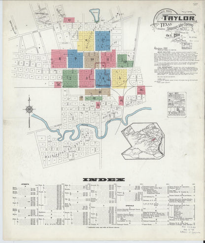 Sanborn Fire Insurance Map from Taylor, Williamson County, Texas (1916), Sheet #0001 - Historic Sanborn Fire Insurance Map Print, vintage old map wall art, antique decor, genealogy gift, Texas Texas map