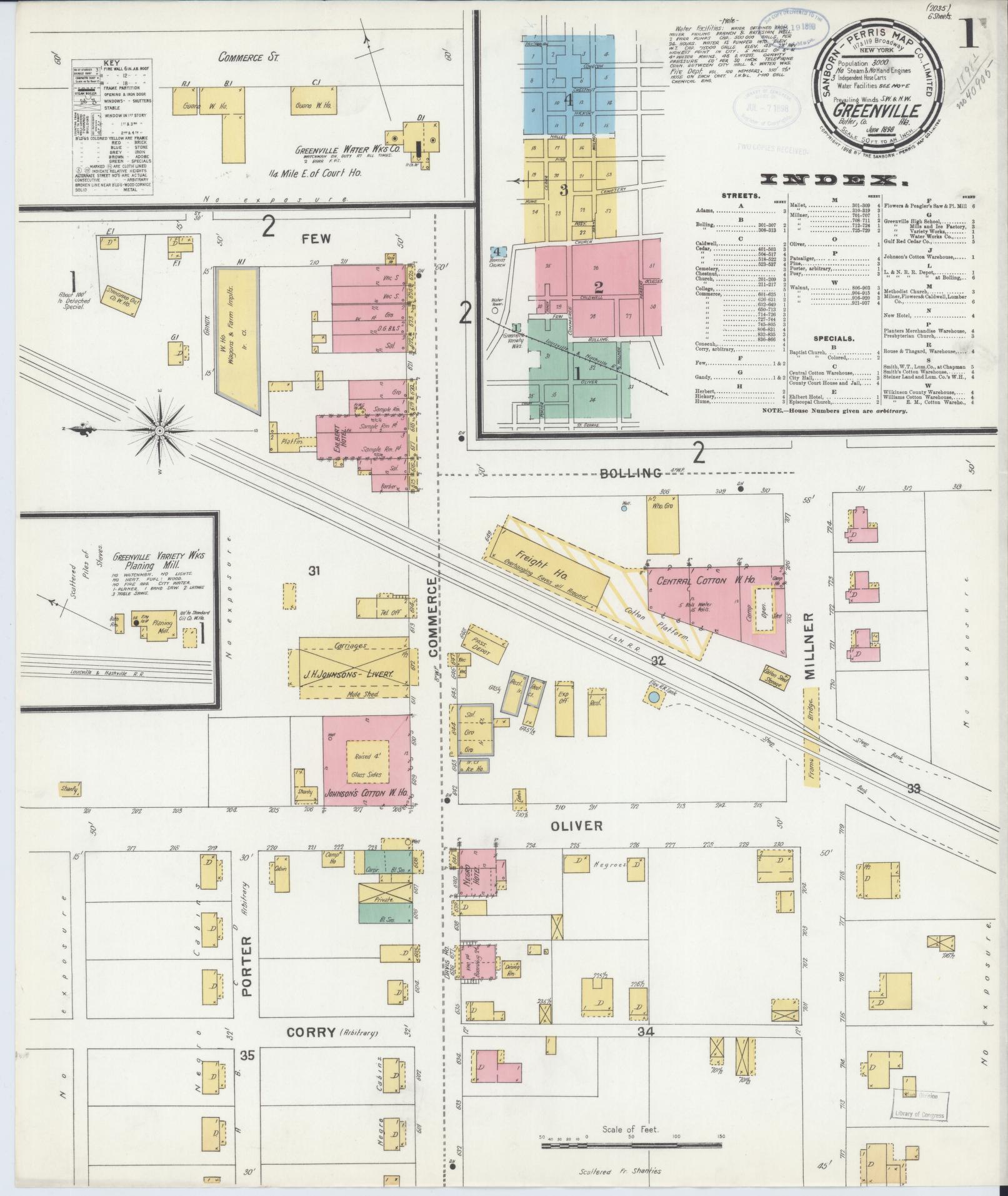 Sanborn Fire Insurance Map from Greenville, Butler County, Alabama (1898), Sheet #0001 - Complete Map Set gallery image, historic Sanborn map, vintage wall art, Alabama Alabama