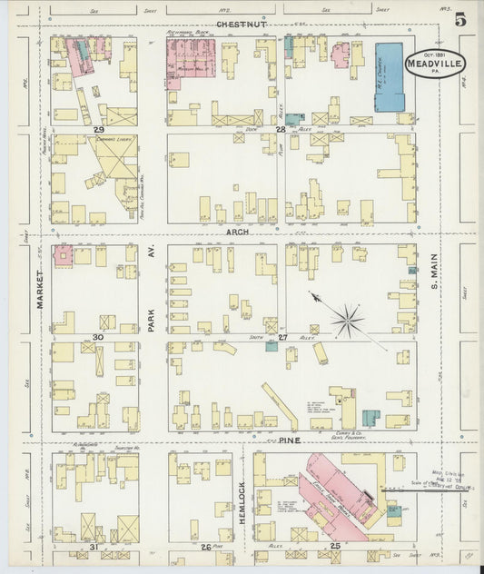 Sanborn Fire Insurance Map from Meadville, Crawford County, Pennsylvania (1891), Sheet #0005 - Historic Sanborn Fire Insurance Map Print, vintage old map wall art, antique decor, genealogy gift, Pennsylvania Pennsylvania map
