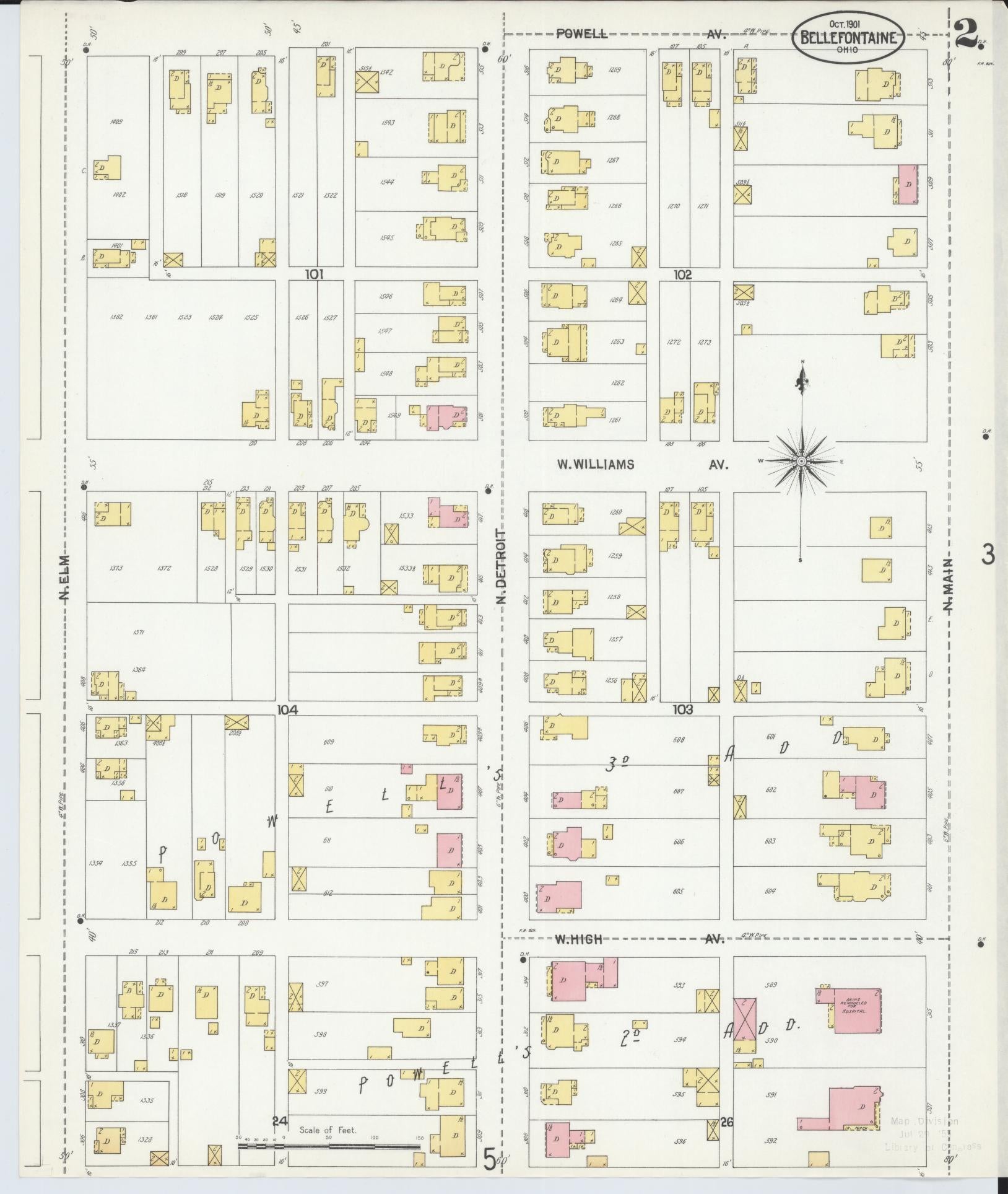 Sanborn Fire Insurance Map from Bellefontaine, Logan County, Ohio (1901), Sheet #0002 - Historic Sanborn Fire Insurance Map Print, vintage old map wall art, antique decor, genealogy gift, Ohio Ohio map