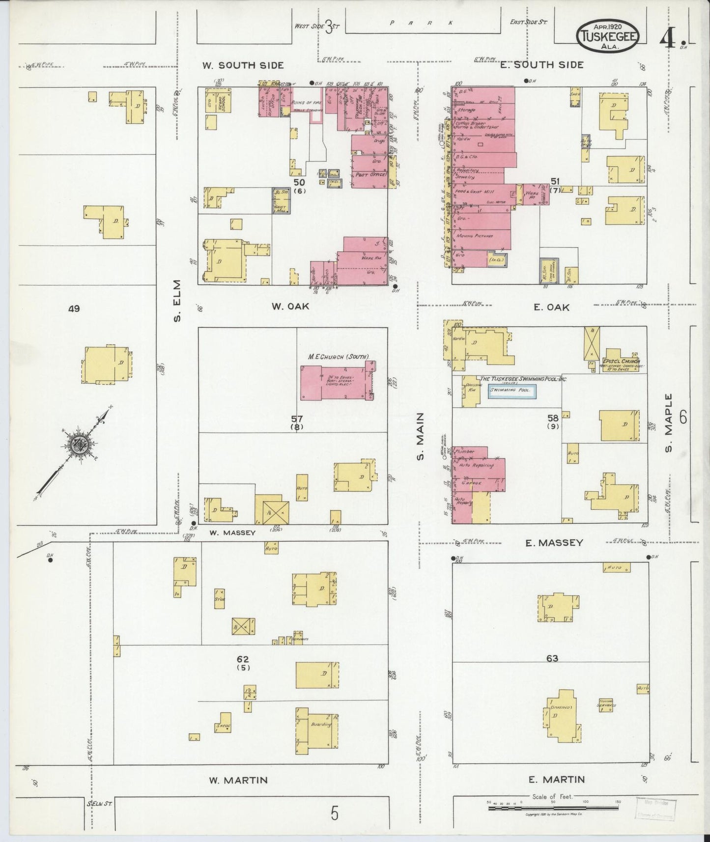Sanborn Fire Insurance Map from Tuskegee, Macon County, Alabama (1920), Sheet #0004 - Historic Sanborn Fire Insurance Map Print, vintage old map wall art, antique decor, genealogy gift, Alabama Alabama map