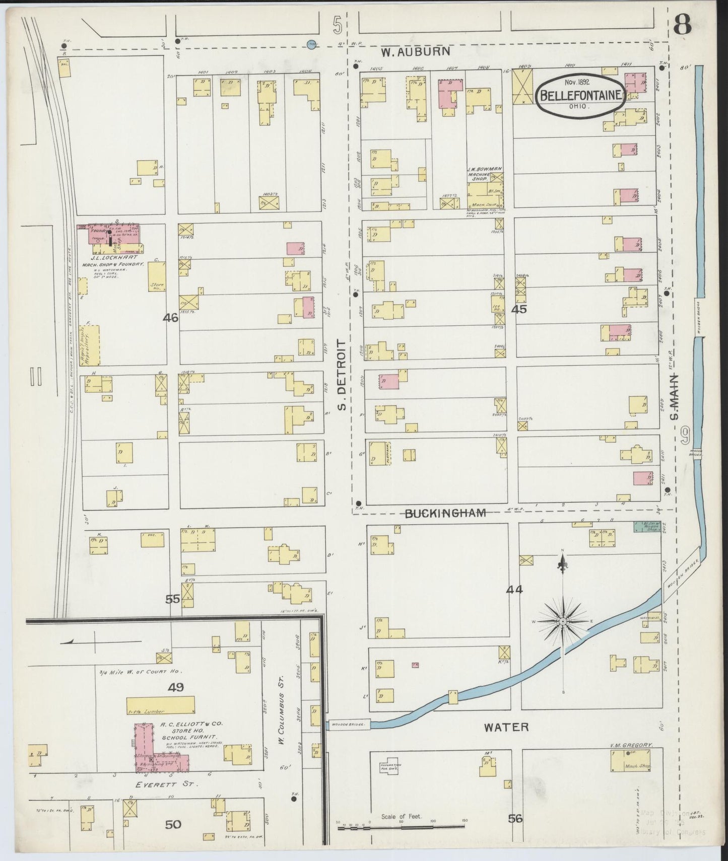 Sanborn Fire Insurance Map from Bellefontaine, Logan County, Ohio (1892), Sheet #0008 - Historic Sanborn Fire Insurance Map Print, vintage old map wall art, antique decor, genealogy gift, Ohio Ohio map