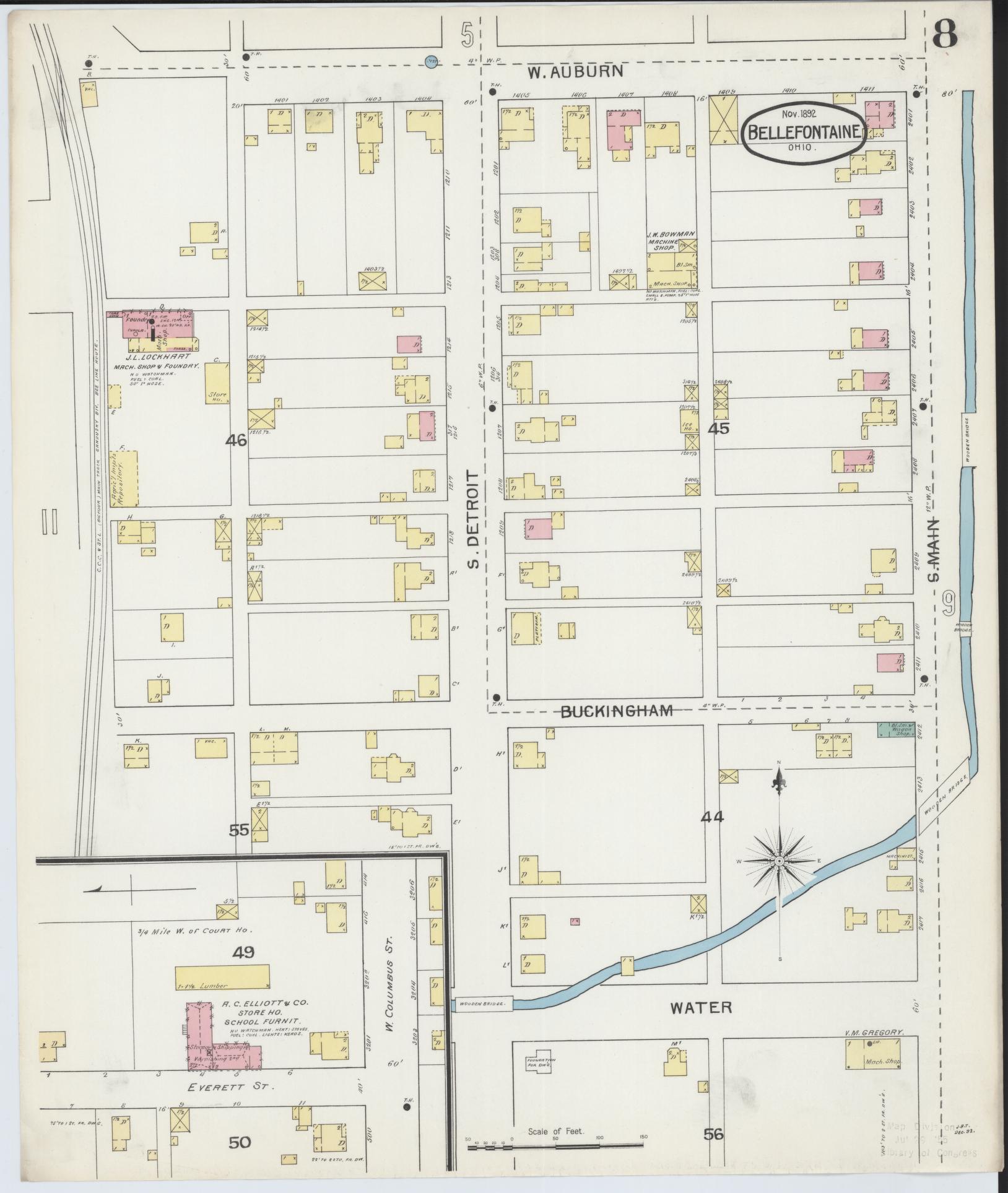 Sanborn Fire Insurance Map from Bellefontaine, Logan County, Ohio (1892), Sheet #0008 - Historic Sanborn Fire Insurance Map Print, vintage old map wall art, antique decor, genealogy gift, Ohio Ohio map