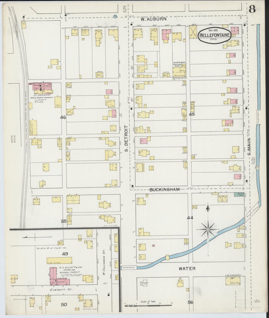 Sanborn Fire Insurance Map from Bellefontaine, Logan County, Ohio (1892), Sheet #0008 - Historic Sanborn Fire Insurance Map Print, vintage old map wall art, antique decor, genealogy gift, Ohio Ohio map