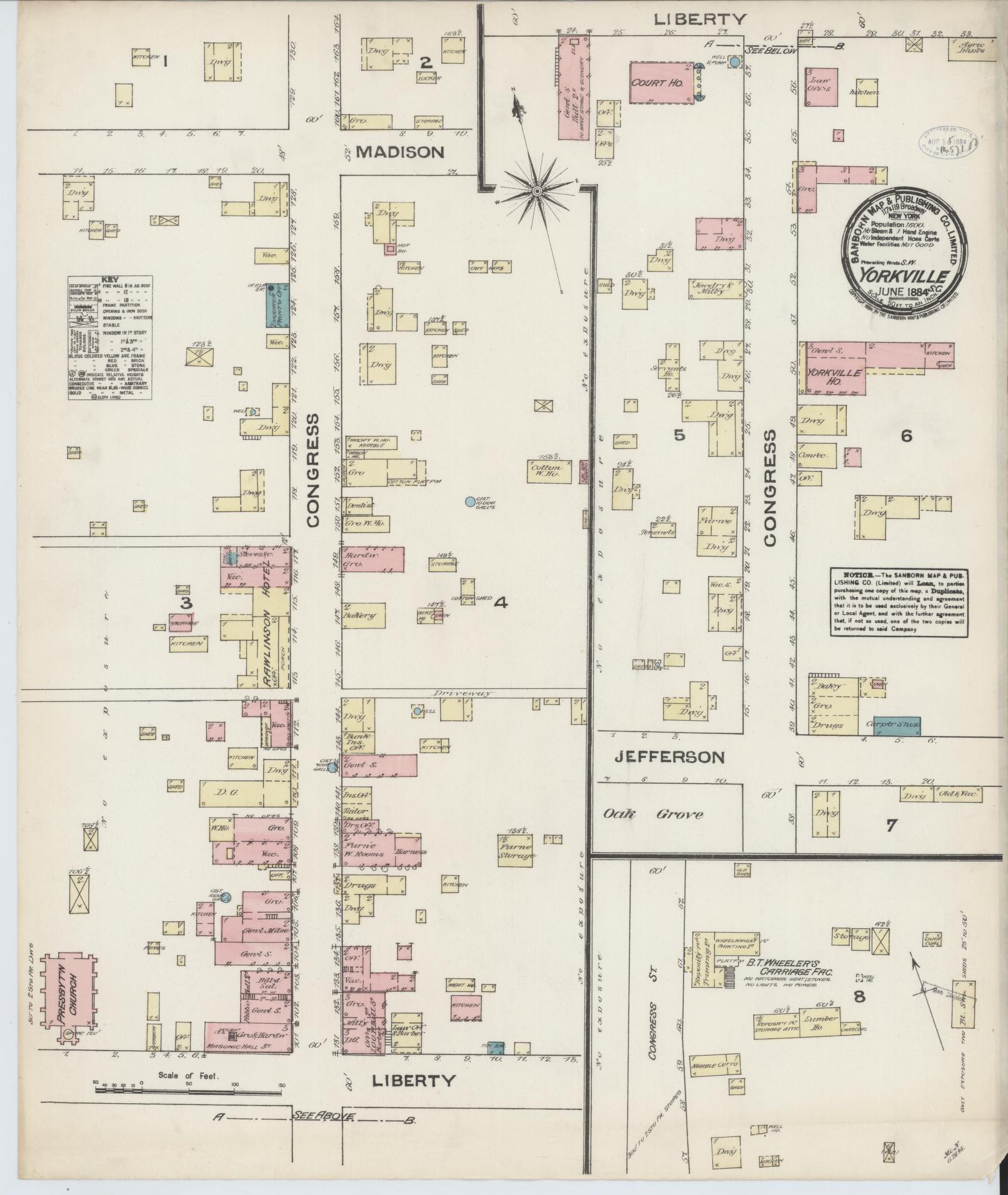 Sanborn Fire Insurance Map from York[ville], York County, South Carolina (1884), Sheet #0001 - Historic Sanborn Fire Insurance Map Print, vintage old map wall art, antique decor, genealogy gift, South Carolina South Carolina map