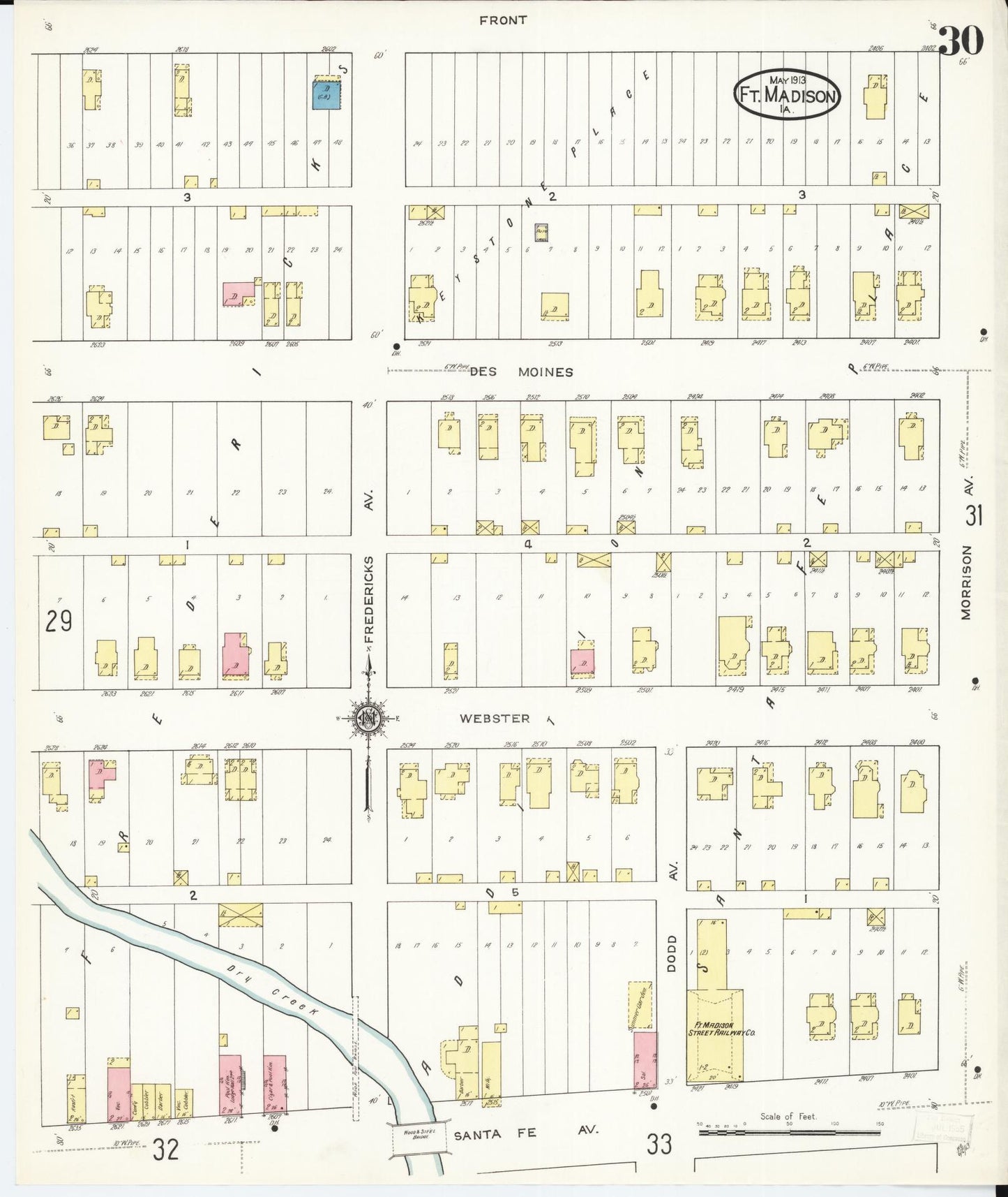 Sanborn Fire Insurance Map from Fort Madison, Lee County, Iowa (1913), Sheet #0030 - Historic Sanborn Fire Insurance Map Print, vintage old map wall art