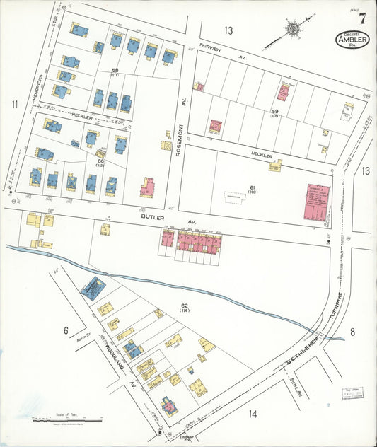 Sanborn Fire Insurance Map from Ambler, Montgomery County, Pennsylvania (1921), Sheet #0007 - Historic Sanborn Fire Insurance Map Print, vintage old map wall art, antique decor, genealogy gift, Pennsylvania Pennsylvania map