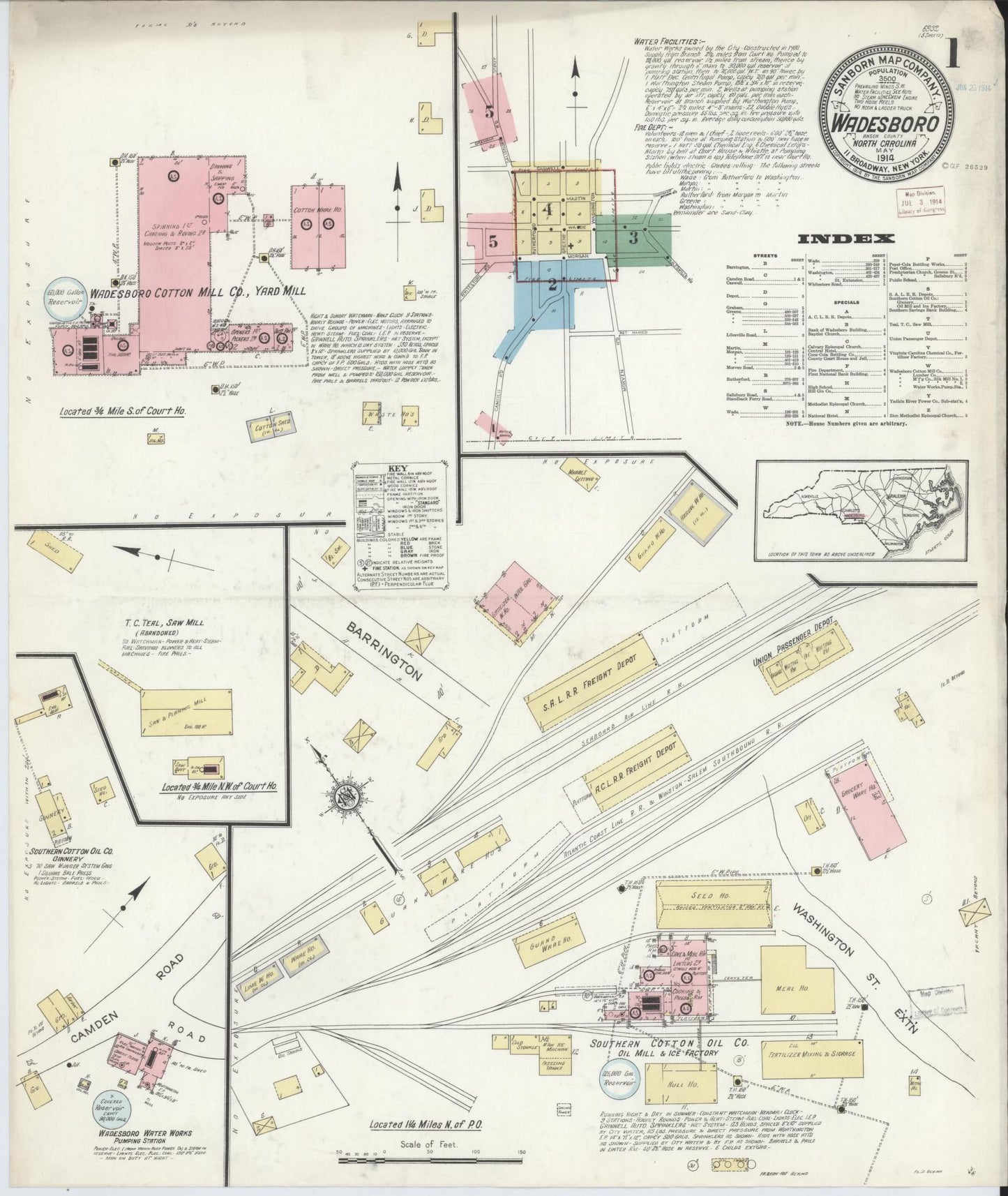 Sanborn Fire Insurance Map from Wadesboro, Anson County, North Carolina (1914), Sheet #0001 - Historic Sanborn Fire Insurance Map Print, vintage old map wall art, antique decor, genealogy gift, North Carolina North Carolina map