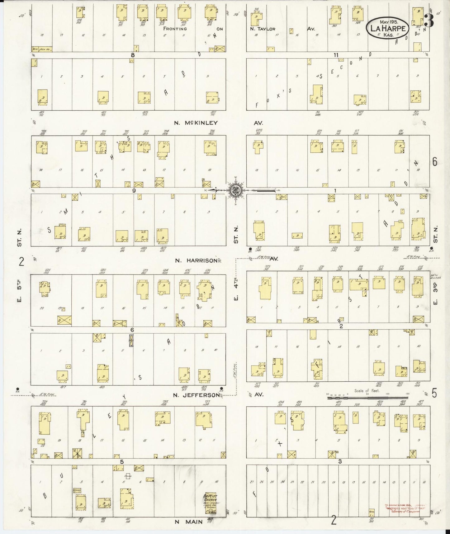 Sanborn Fire Insurance Map from La Harpe, Allen County, Kansas (1915), Sheet #0003 - Complete Map Set gallery image, historic Sanborn map, vintage wall art, Kansas Kansas
