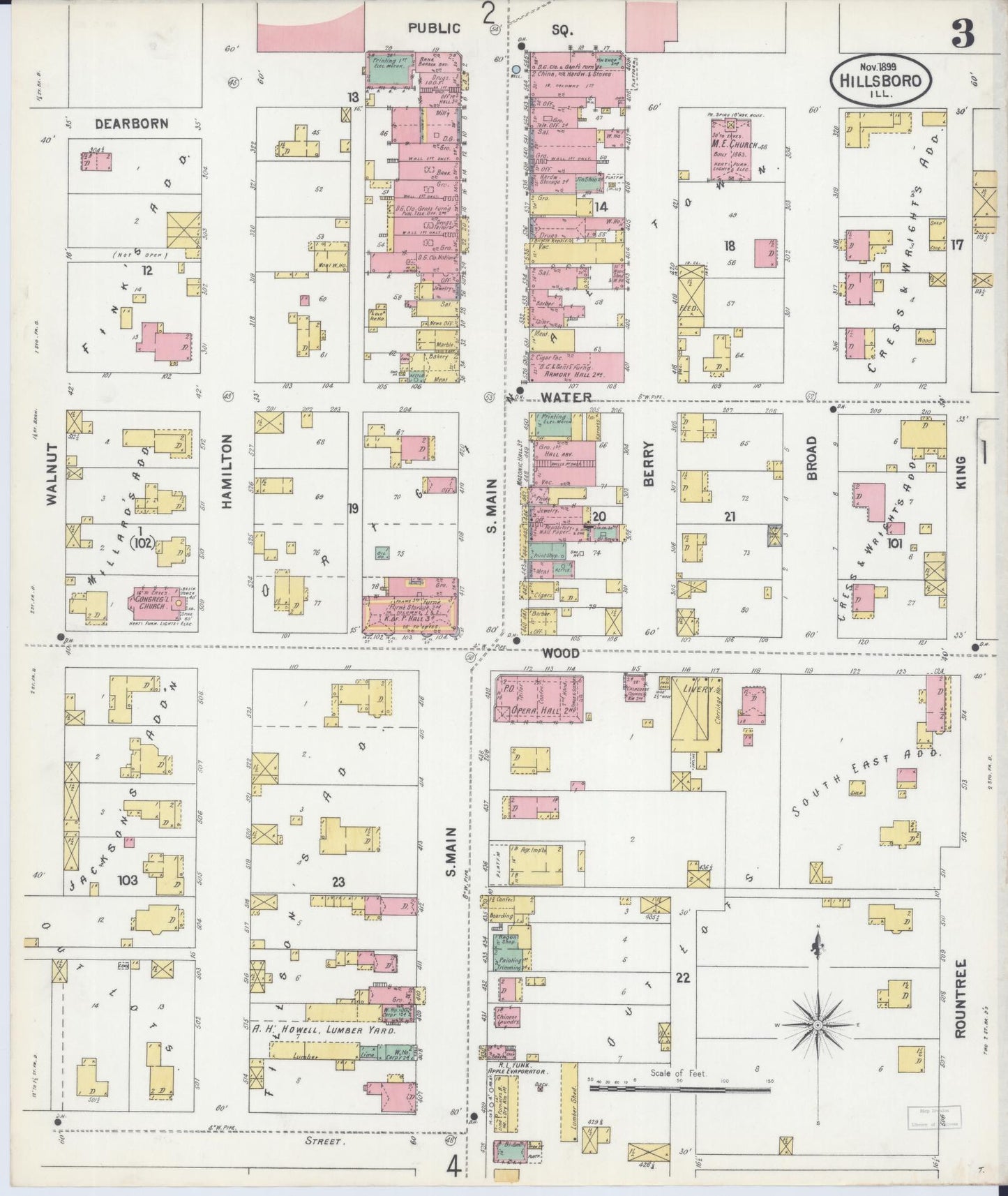 Sanborn Fire Insurance Map from Hillsboro, Montgomery County, Illinois (1899), Sheet #0003 - Complete Map Set gallery image, historic Sanborn map, vintage wall art, Illinois Illinois