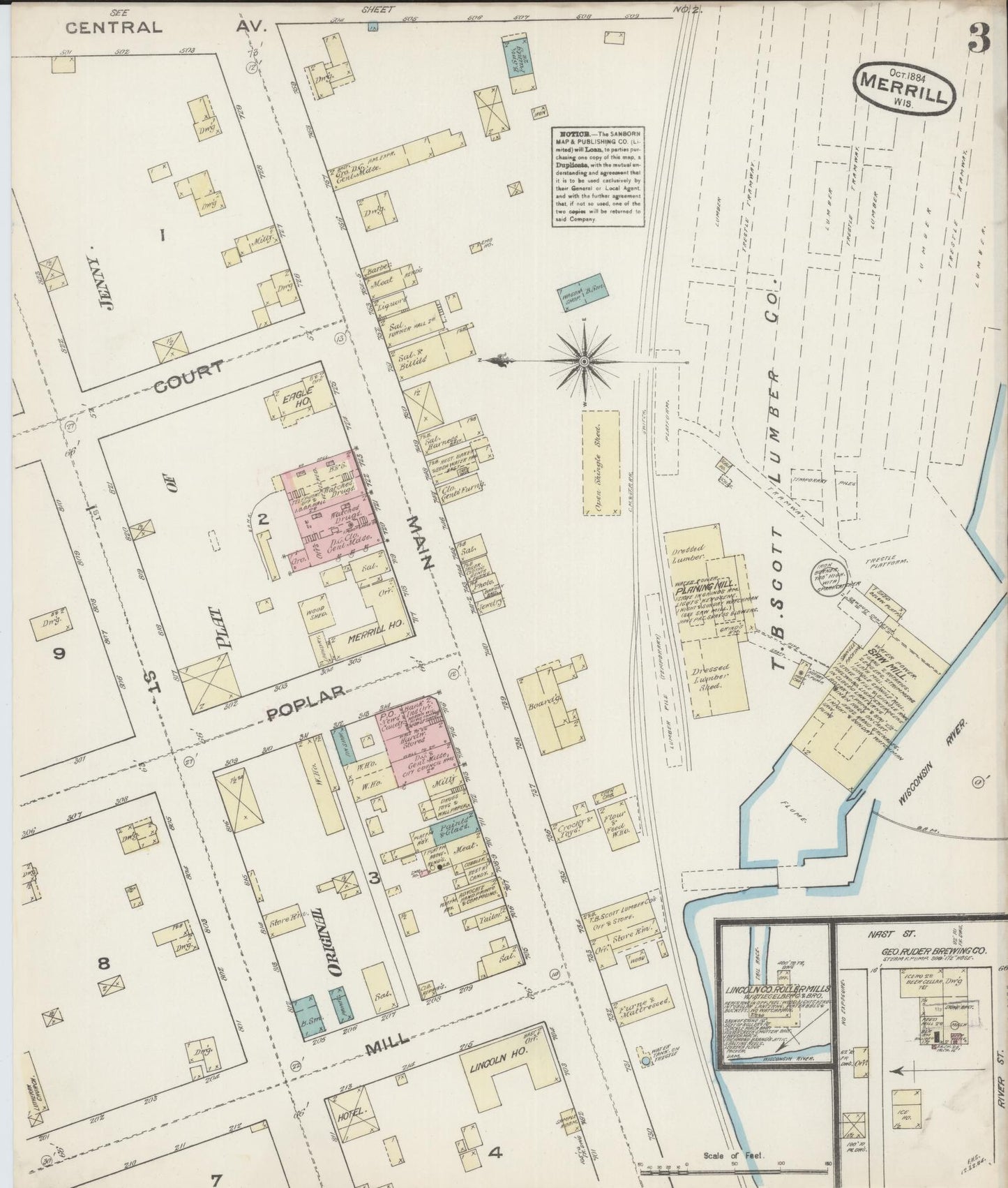 Sanborn Fire Insurance Map from Merrill, Lincoln County, Wisconsin (1884), Sheet #0003 - Complete Map Set gallery image, historic Sanborn map, vintage wall art, Wisconsin Wisconsin