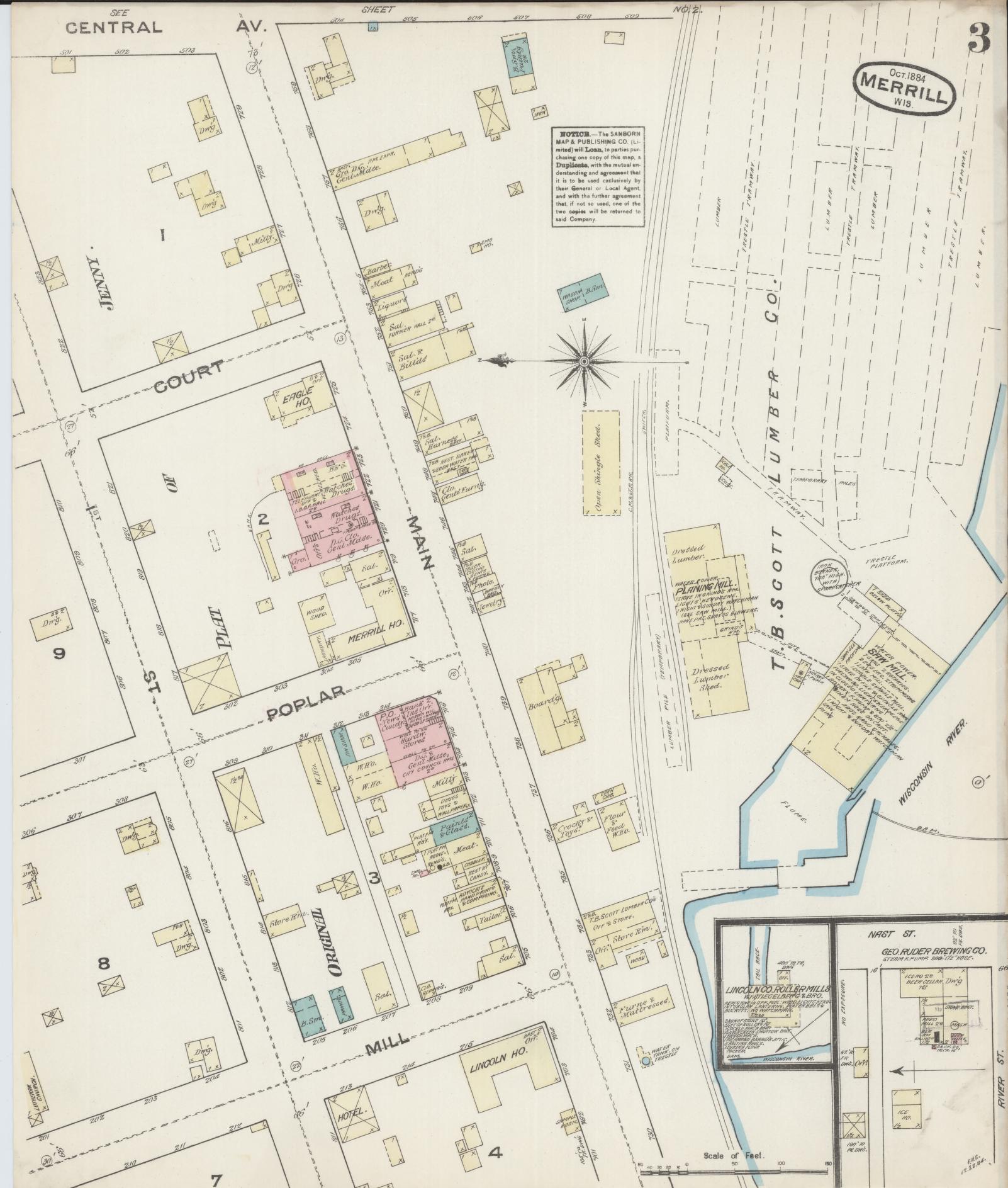 Sanborn Fire Insurance Map from Merrill, Lincoln County, Wisconsin (1884), Sheet #0003 - Complete Map Set gallery image, historic Sanborn map, vintage wall art, Wisconsin Wisconsin