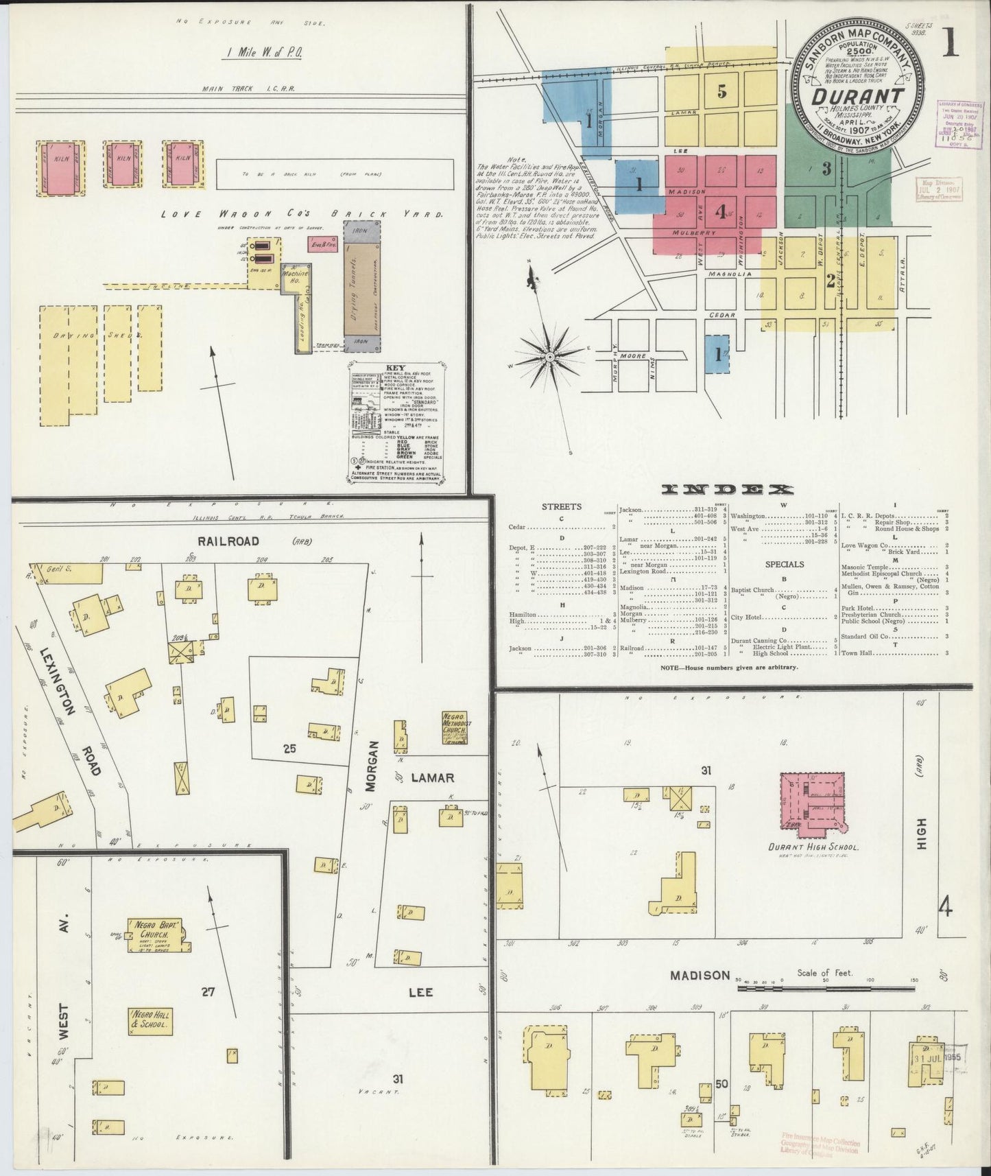 Sanborn Fire Insurance Map from Durant, Holmes County, Mississippi (1907), Sheet #0001 - Complete Map Set gallery image, historic Sanborn map, vintage wall art, Mississippi Mississippi