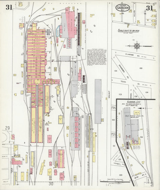 Sanborn Fire Insurance Map from Gadsden, Etowah County, Alabama (1926), Sheet #0031 - Historic Sanborn Fire Insurance Map Print, vintage old map wall art, antique decor, genealogy gift, Alabama Alabama map