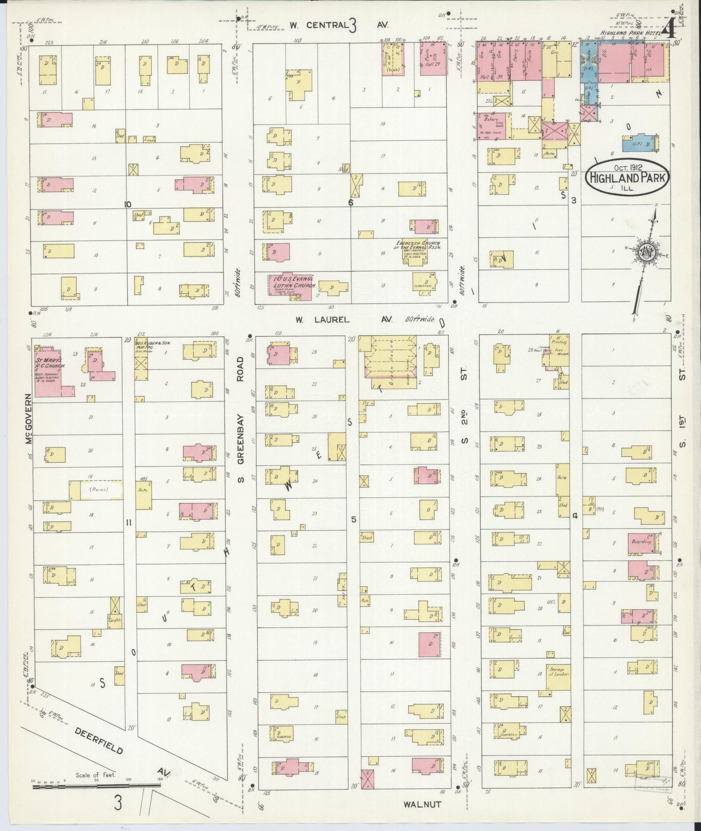 Sanborn Fire Insurance Map from Highland Park, Lake County, Illinois (1912), Sheet #0004 - Complete Map Set gallery image, historic Sanborn map, vintage wall art, Illinois Illinois